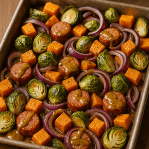 chicken sausage, brussels, sweet pot