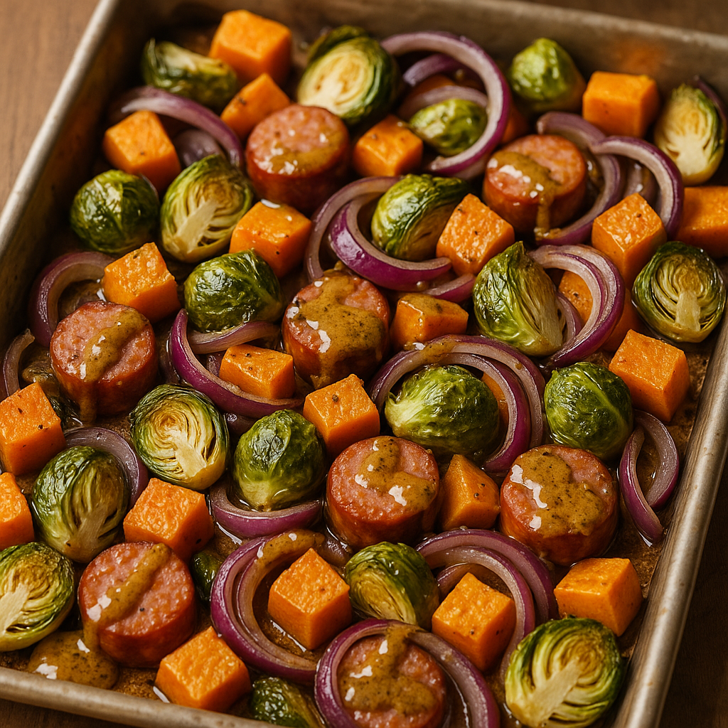 chicken sausage, brussels, sweet pot