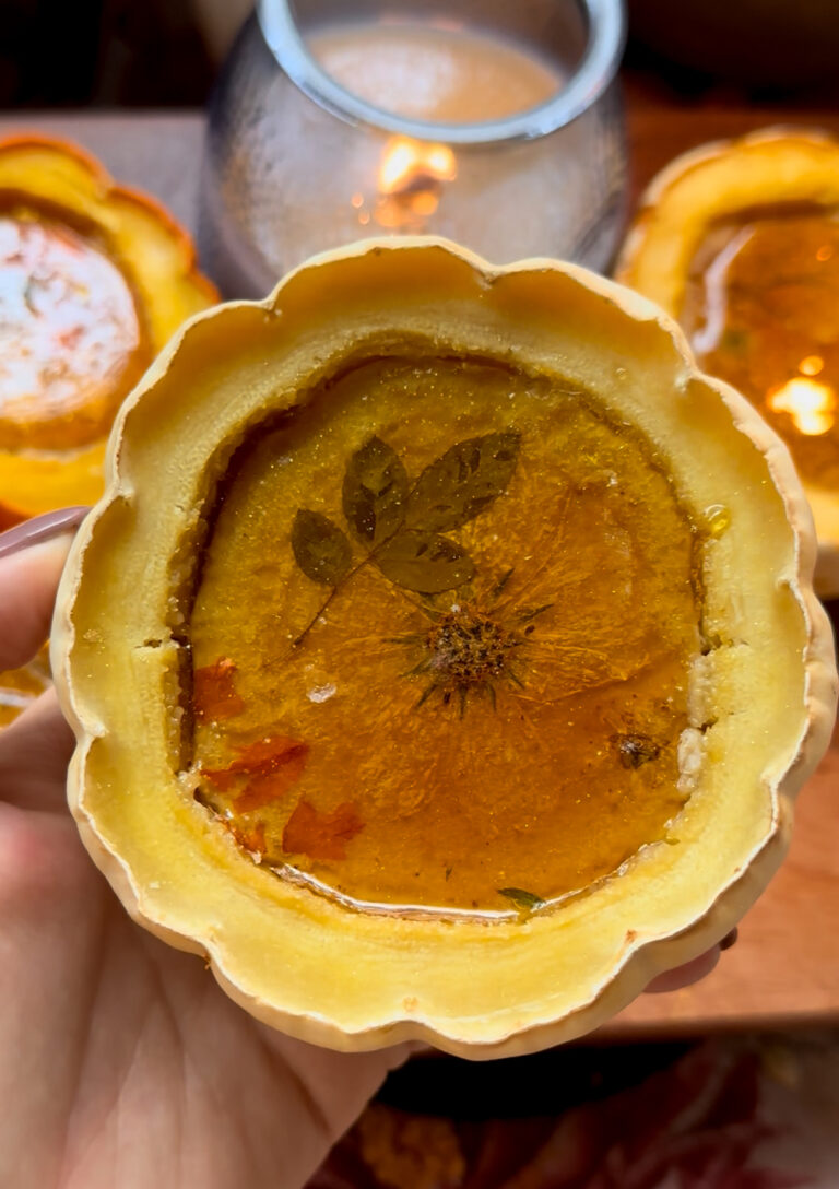 pumpkin pie creme brulee with caramel glass top and edible flowers