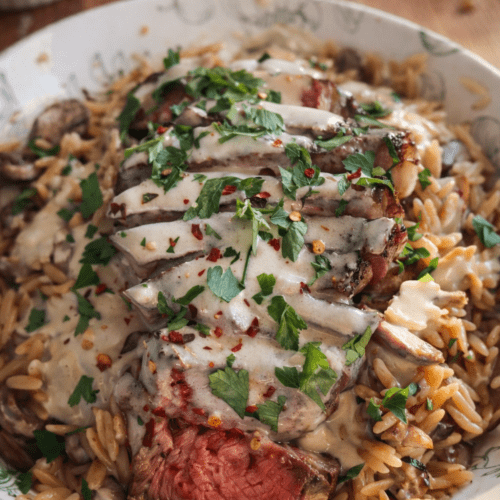steak diane in creamy mushroom orzo