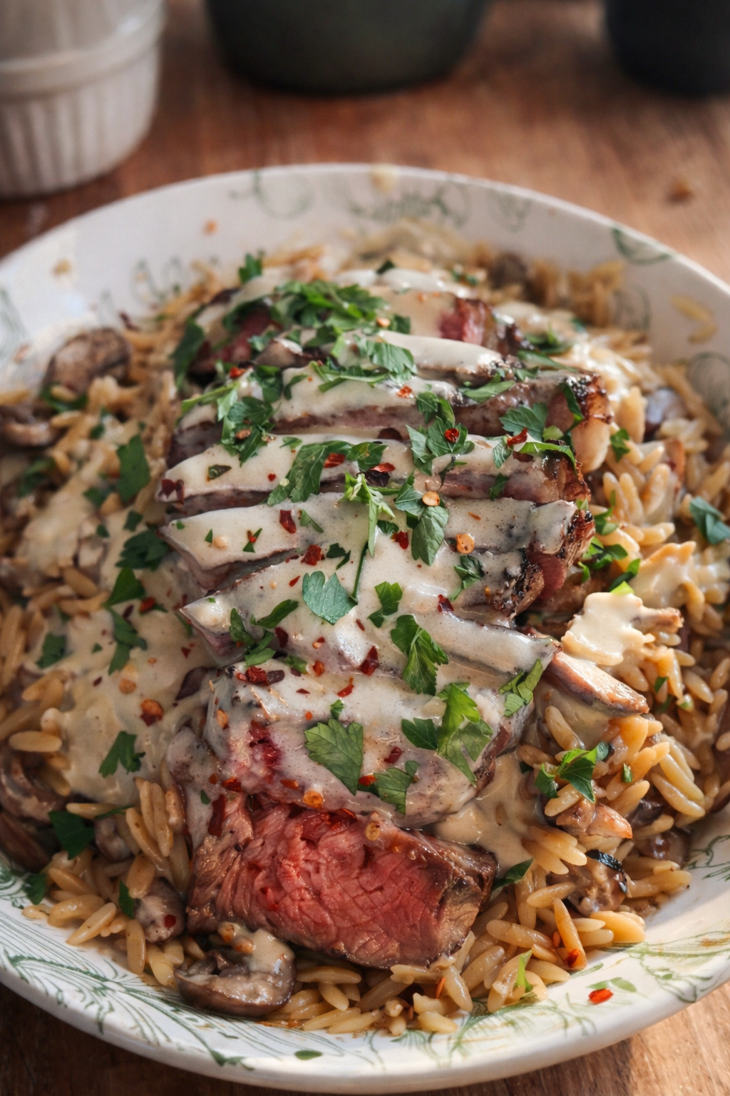 steak diane in creamy mushroom orzo