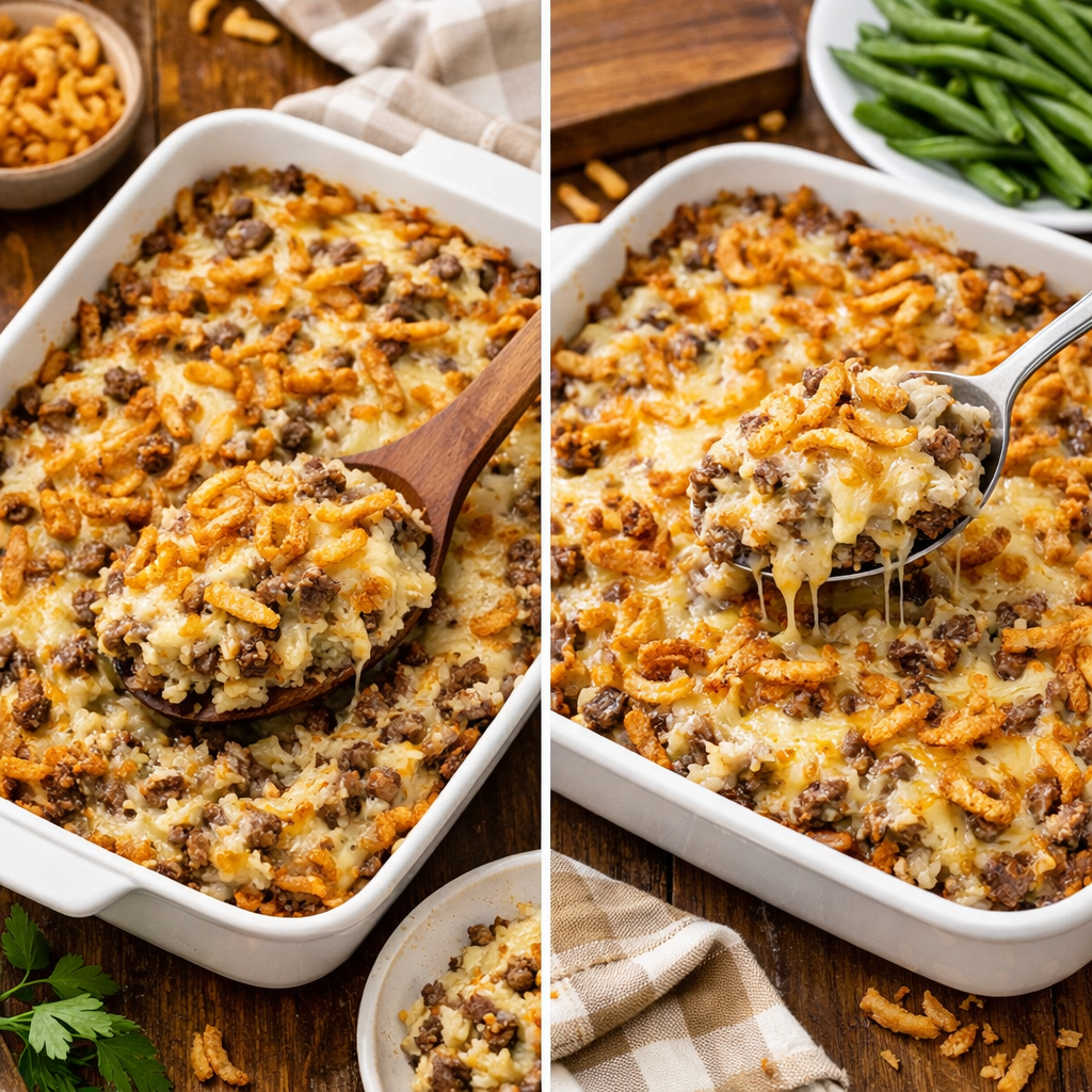 creamy french onions ontop of a beef and rice casserole 