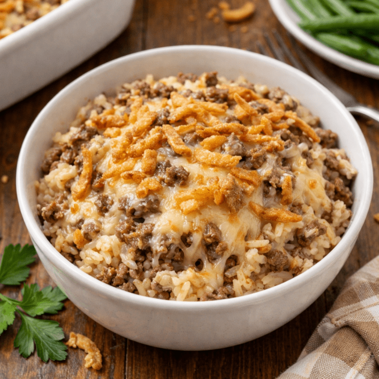 french onion beef and rice casserole in a bowl
