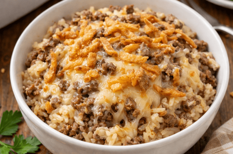french onion beef and rice casserole in a bowl