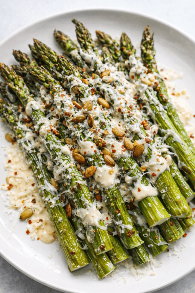 roasted asparagus with garlicky tahini sauce 