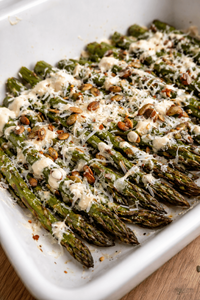 pan of asparagus with garlicky tahini 