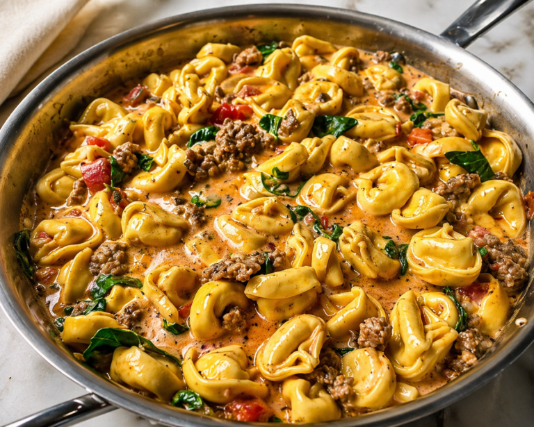 One Pot Tortellini with Sausage in a Creamy Tomato Sauce